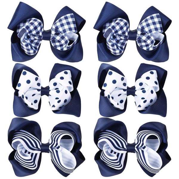 Whaline 6Pcs School Uniform Hair Bow Clips Navy Blue Plaid Stripe Dot Hair Barrettes Grosgrain Ribbon Alligator Clips for School Hair Accessories, 3 Styles