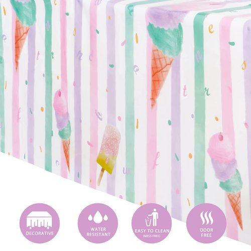 WERNNSAI Ice Cream Party Table Cover - 2PCS 54” X 108” Disposable Rectangular Plastic Tablecloth Ice Cream and Popsicle Themed Party Supplies Kids Girls Birthday Baby Shower Wedding Party Decorations