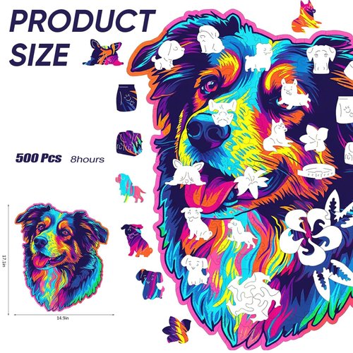 Australian Shepherd Dogs Wooden Puzzle 500pcs Stained Colorful Art Painting Wooden Puzzle for Kids Adults, Birthday Mother's Father's Day Christmas for Dad Mom Son Daughter(14.9 * 17.1in)