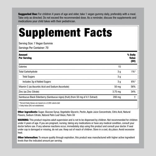 Piping Rock Kids Elderberry Gummy Vitamins | 70 Gummies | with Zinc and Vitamin C | Vegan Formula | Berry Flavor | Non-GMO, Gluten Free Supplement