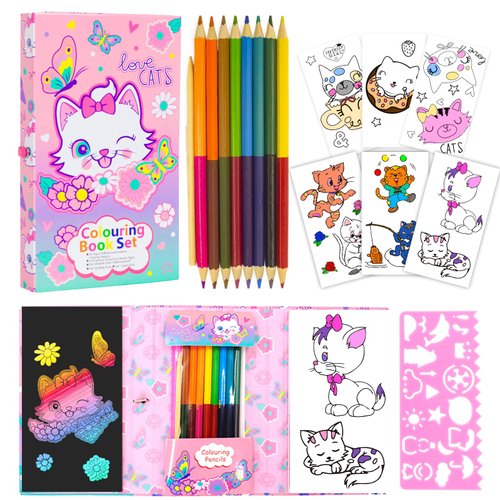 Cat Coloring Book Set with Coloring Pages & Colored Pencils, Art Supplies for Kids Ages 4-6-8, Arts Crafts Travel Coloring Kit for Girls 4 5 6 7 8 Year Old Christmas Birthday Gift