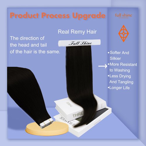Full Shine Real Human Hair Tape in Extensions Black 24Inch Double Sided Tape for Skin Weft Hair Extensions Tape in 20Pcs 50Gram Color 1 Jet Black Seamless Tape in Hair Extensions Straight Human Hair