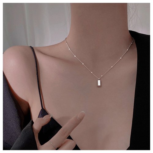 Allereyae Vintage Square Pendant Necklace Polish Square Necklace Square Choker Necklace Silver Ball Chain Necklace Jewelry for Women (Silver)