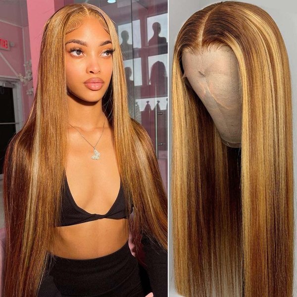 Highlight Ombre Lace Front Wig Human Hair Pre Plucked 13x4 HD Transparent 4/27 Honey Blonde Lace Frontal Wigs with Baby Hair 150% Density Colored Straight Lace Front Wig Human Hair for Women 24 Inch