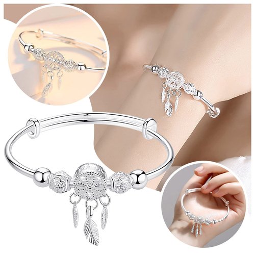 Luckilemon Silver Dream Catcher Tassel Feather Charm Bracelet Bangle Adjustable Mother's Day Jewelry Gift Birthday Christmas Gifts for Women Mom Wife Girls