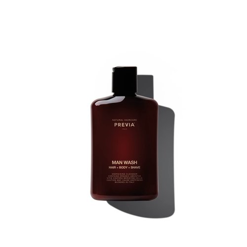 PREVIA Man Wash 3-in-1 Cleanser - Hair Shampoo, Anti Dandruff, Body Wash & Shaving Conditioner (8.45 oz), Vegan Formula with Organic Absinthe Extract for All Hair Types