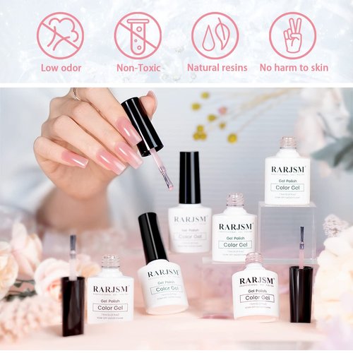 RARJSM Icy Jelly Gel Nail Polish Set of 6 Translucent Colors,Sheer Rose Nude Skintone Gel Polish LED UV Gel Clear Milky Light Pink Red Brown French Manicure Curing Requires 7.5ml DIY Home Nail Salon