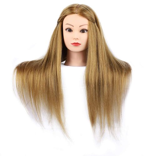 MEDO 26 Inch Makeup Mannequin Head Long Straight Hair Dresser & Practice Long Training Head Brown Synthetic Hair with 50% Real Hair Braiding Manikin Head Doll Cosmetology Head And Clamp(Makeup on, 27)