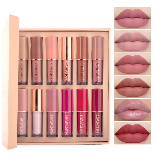 Amzfly Matte liquid lipstick set, 12 kinds of nude matte liquid long lasting non-sticky cup non-fading waterproof lip gloss set, suitable for women's makeup use (12PCS)