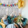 Andiker Foil Curtains Sets, 2 Thickened 1*2m Metallic Tinsel Foil Fringe Curtains and 1 Double Side Adhesive Tape and 1 Ribbon, Shimmer Curtains for Birthday Party Background Wall Decoration (Silver)