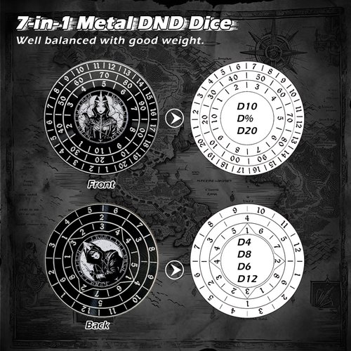 PJOY Spinner Dice 7-in-1 Metal DND Dice Set Built-in D4, D6, D8, D10, D%, D12 and D20 Unique Dice Spinner Rogue Metal D&D Dice for Dungeons and Dragons Gifts Stocking Stuffers