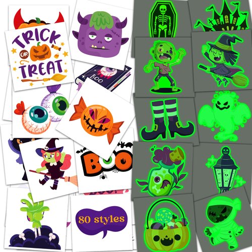 MDDRUIQI Glow Halloween Tattoos for Kids - 80 Styles,2 inch Halloween Party Favors - Halloween Ga...