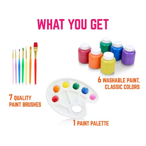 Washable Kids Paint 6 Count, 7 Paint Brushes, Paint Palette - Washable Paint Set For Kids Craft Projects, Finger Painting Supplies Kit