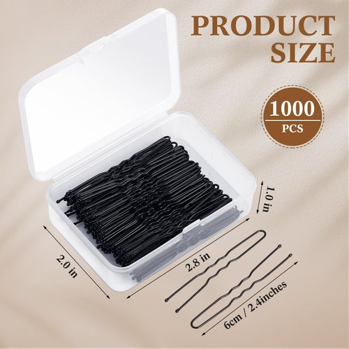 Crowye 1000 Pcs U-shaped Hair Pins Bulk for Buns 2.4 Inch Pins Black Hair Pins Waved Hair Pins Lady Bobby Pins Hair Grip Hair Styling Pins Hair Accessories for Women with Storage Box