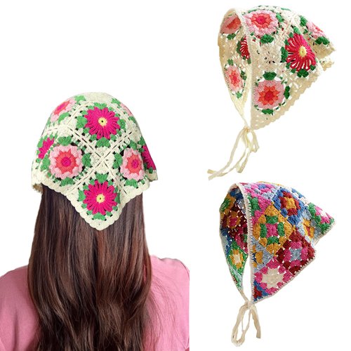Kunyeah 2 Pieces Crochet Hair Bandana Floral Hair Scarf Boho Head Kerchief Vintage Headbands Triangle Hair Tie Handmade Hair Accessories for Girls Women (Colorful/Beige)
