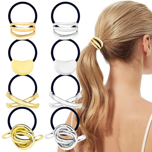 8PCS Metal Geometric Elastic Hair Ties, Geometric Elastic Ponytail Hair Cuff, Women's Glossy Double Arch Ponytail Hair Tie, For Thick Hair Gold Ponytail Cuff Elastic Hair (Gold+Silver)