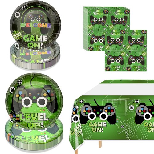 Video Game Party Decorations, Disposable 7” and 9” Plates and Napkins, Tablecloth Video Game Party Set, Gaming Birthday Party Supplies for Boys Teens, 61 PCS
