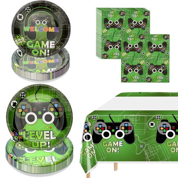 Video Game Party Decorations, Disposable 7” and 9” Plates and Napkins, Tablecloth Video Game Party Set, Gaming Birthday Party Supplies for Boys Teens, 61 PCS