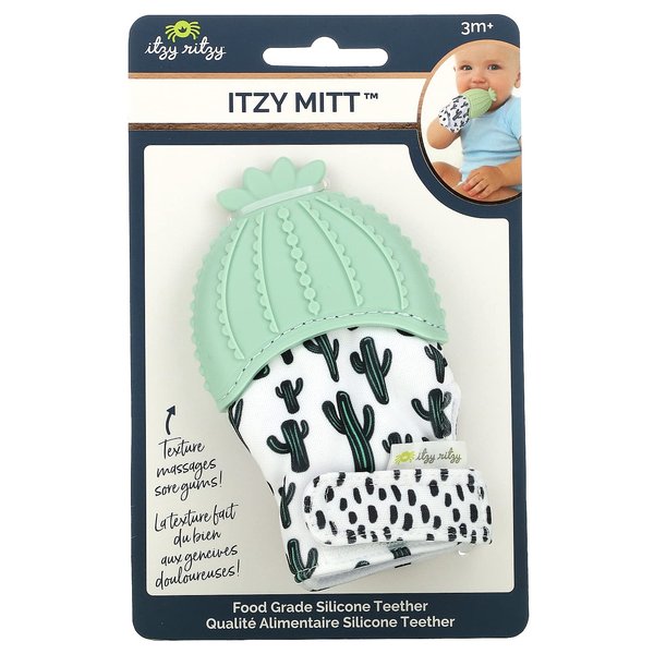 Itzy Ritzy Silicone Teething Mitt - Soothing Infant Teething Mitten with Adjustable Strap, Crinkle Sound & Textured Silicone to Soothe Sore & Swollen Gums - Baby Teething Toy For 3 Mos & Up, Cactus