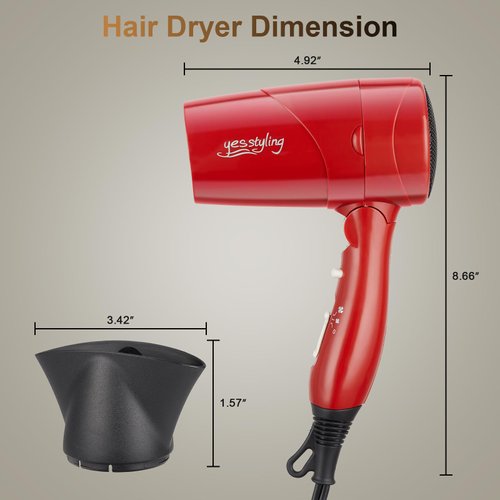 Travel Compact Hair Dryer, 1875W Lightweight Blow Dryer with Detachable Handle, 1 Nozzle, 2 Heat Settings, 2 Speed Slide Switch, Cool Shot Button, Fast Drying for Family, Student (Red)