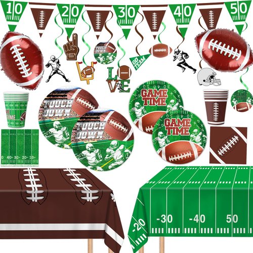 LINHAXM Football Party Supplies Kit - Includes Plates, Napkins, Cups, Banner, Hanging Swirl, Football Balloons, Touchdown Tablecloth for Football Birthday & Tailgate Party Decorations, Serve 24