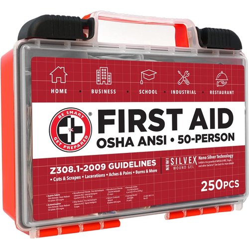 Be Smart Get Prepared First Aid Kit, 250 Piece. Exceeds OSHA ANSI Standards for Office, Home, Car, School, Emergency, Survival, Camping, Hunting, & Sports. FSA HSA