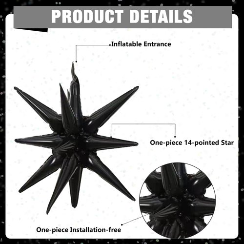 6 Pcs Silver Star Foil Balloons One-Piece 14-Pointed Star Balloons 4D Starburst Cone Mylar Balloons 22inch Christmas Birthday Wedding Wedding Anniversary Party Supplies (22&27 Inches Black)