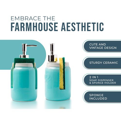 Mason Jar Kitchen Soap Dispenser & Sponge Holder - Sink Organizer - 14oz Kitchen Counter Liquid Soap Dispenser with Stainless Steel Pump, Blue Ceramic Soap Holder w/Free Sponge