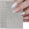 3D Glitter Silver French Nail Stickers for Women Nail Design Reflective French Nails Stickers Heart Butterfly Star Nail Stickers Wave Stripe Nail Art Stickers Swirl Lines Nail Decals Nail Supplies