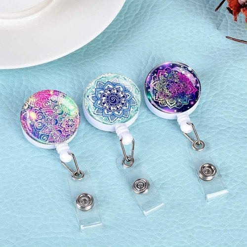 Retractable ID Badge Holder,Nurse Badge Reels with Clip,Name Card Holders for Office Worker Doctor Nurse （Mandala 3 Pack ）