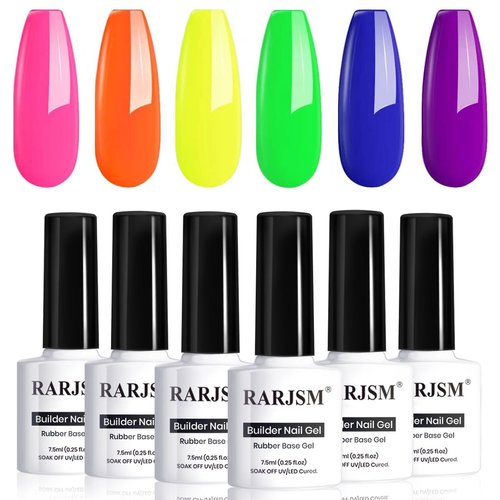 RARJSM Rubber Base Gel for Nails,Neon Gel Nail Polish Set,Neon Orange Green Blue Purple Yellow Rose Red Builder Base Gel in a Bottle Extension Gel Bright Summer Colors LED UV Cured Home Salon DIY