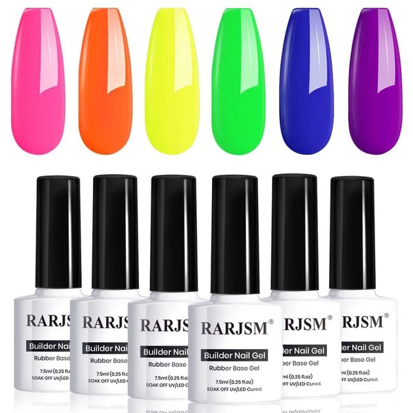 RARJSM Rubber Base Gel for Nails,Neon Gel Nail Polish Set,Neon Orange Green Blue Purple Yellow Rose Red Builder Base Gel in a Bottle Extension Gel Bright Summer Colors LED UV Cured Home Salon DIY