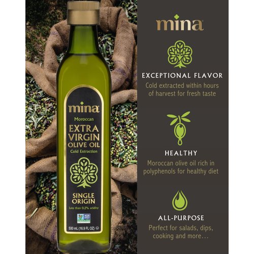 Mina Extra Virgin Olive Oil, New Harvest, Polyphenol Rich Moroccan Olive Oil, Cold Extraction, Single Origin Olive Oil, Less Than 0.2% Acidity, 16.9 Fl Oz (500 ml)