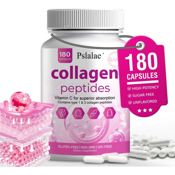 Pslalae Collagen Supplement (180 Capsules) - Vitamin C & Vitamin E, Collagen Peptides, Superior Absorption, Support Your Skin, Non-GMO, Sugar Free