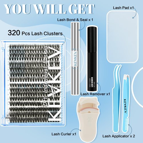 KevKev Lash Clusters Kit 3D Fluffy Cluster Lashes 30D+50D 320 Pcs DIY Lash Extensions Eyelash Clusters Glue Individual Lashes Remover Cluster Thin Band & Soft (Fluffy 30+50D Kit,D-8-16mix)