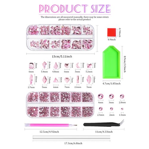 Nail Art Rhinestones Kit Glass Gems for Nails Pink Crystal Nail Gems Stones Flatback, Wsimily 1620 Pcs Shiny Mixed Nail Rhinestones Beads for DIY Manicure Craft with Tweezer Storage Box Picker Pencil