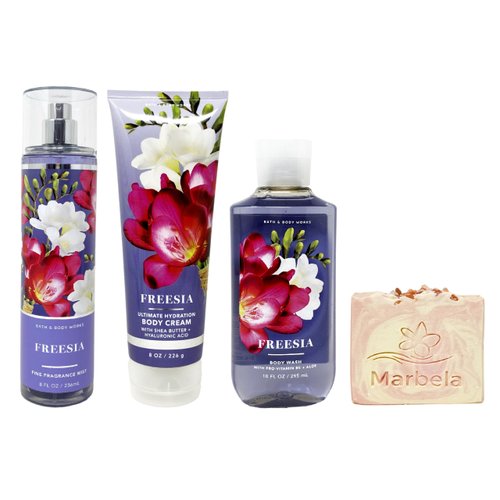 Bath & Body Works Freesia 3 Piece Bundle with a Himalayan Salts Springs Bar Soap - Fragrance Mist - Body Cream and Body Wash - Full Size