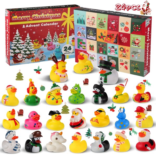 24 Pcs Christmas Rubber Ducks, 2 Inch Christmas Rubber Duckies Bath Toys for Advent Calendar Ducks Ducking Party Favors Gifts Christmas Stocking Stuffers for Kids Boys Girls
