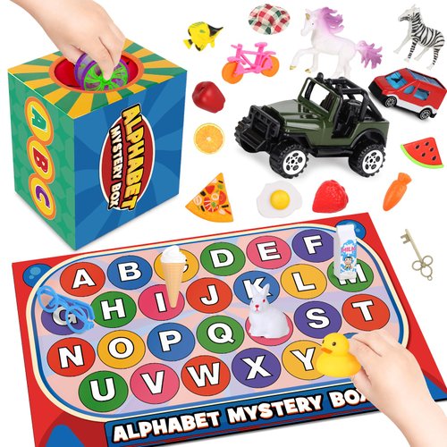 Joyreal Alphabet Learning Toys for Kids, Alphabet Mystery Box with 26 PCS Alphabet Toys for Early Awareness & Recognition, Fun Education Classroom Supplies Letter Sounds Teaching Letter Games