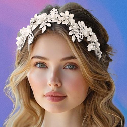 Kilshye Flower Bride Wedding Headband Leaf Bridal Headpiece Pearl Prom Hair Band for Women and Girls (Silver)