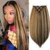 Hanne Fashion Kinky Straight Clip in Hair Extensions for Black Women Yaki Straight Clip Ins Full Head Highlights Synthetic Hair (22 Inch, Highlights 1B/27)