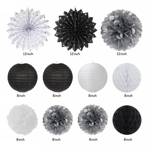 Black White Silver Birthday Party-decorations - 21pcs Boys Men Happy Banner,Paper Streamers Lanterns Honeycomb,Tissue Pom Poms Fan,Adult Supplies Decor 16th 20th 40th 45th 50th 60th Huglony