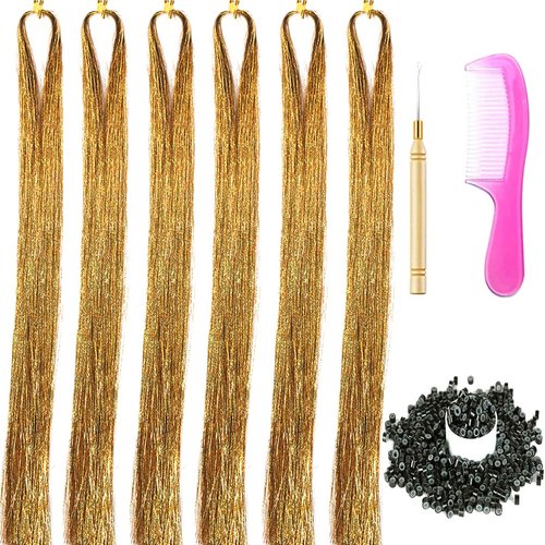 6 Packs Hair Extensions Tinsel Kit 1200 Strands Tinsel Hair Extensions for Women Heat Resistant Glitter Fairy Hair Accessories for Christmas (Champagne gold)