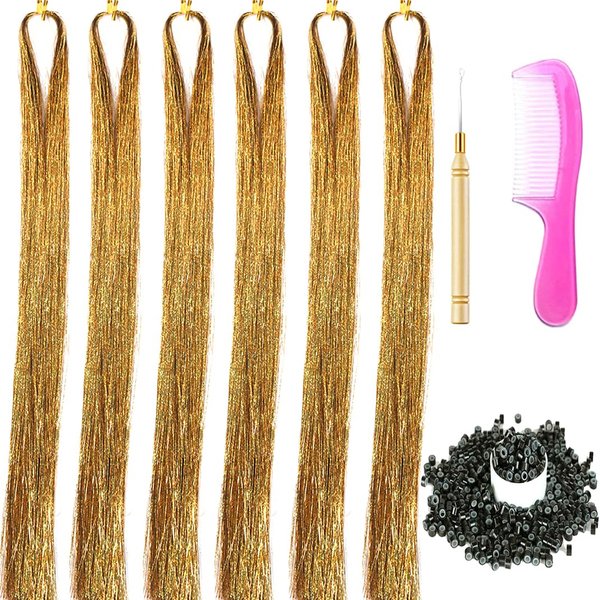 6 Packs Hair Extensions Tinsel Kit 1200 Strands Tinsel Hair Extensions for Women Heat Resistant Glitter Fairy Hair Accessories for Christmas (Champagne gold)