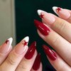 24Pcs Medium Almond Press on Nails Gel Glue on Nails for Manicure Art. Glossy White French Tips Acrylic False Nails With Dark Red Star Design. French Full Cover Fake Nails Stick on Nails for Women