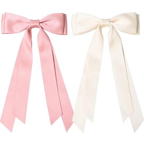 2PCS Silky Satin Hair Bows Ribbon Hair Clips, Satin Bow Hair Clip With Long Tail Ribbon Bowknot Hair Barrettes, Ponytail Holder Hair Accessories Alligator Clips Hair Bow for Women Girls (Pink+Beige)