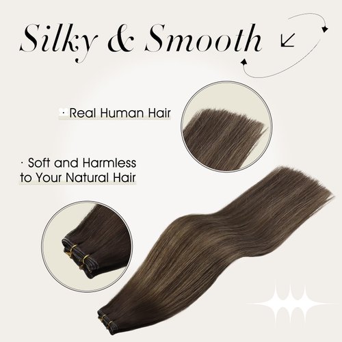 Full Shine Sew In Hair Extensions Real Human Hair Genius Weft Hair Extensions Hand Tied Extensions Real Hair Darkest Brown To Light Brown Mix Darkest Brown Hair Extensions Straight Weft 60G 20 Inch