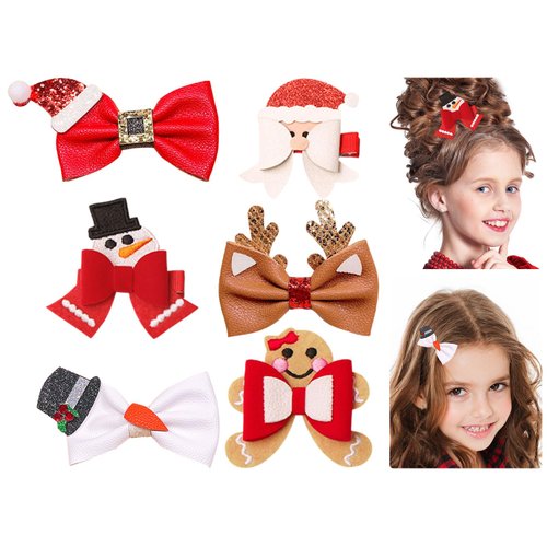 Whaline 6Pcs Christmas Hair Bow Clips Cartoon Xmas Design PU Bow Hair Pins Santa Reindeer Gingerbread Man Hair Barrettes Cute Holiday Party Hair Accessories