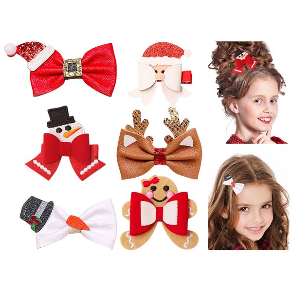 Whaline 6Pcs Christmas Hair Bow Clips Cartoon Xmas Design PU Bow Hair Pins Santa Reindeer Gingerbread Man Hair Barrettes Cute Holiday Party Hair Accessories
