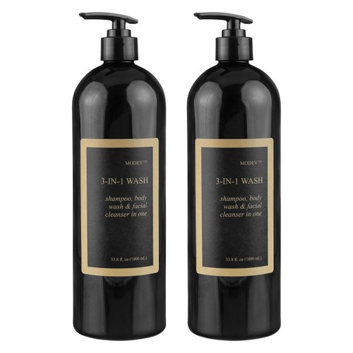 Two (2) Bottles MODEV 3-in-1 Men's Shampoo + Body Wash + Facial Cleanser, 1000 mL